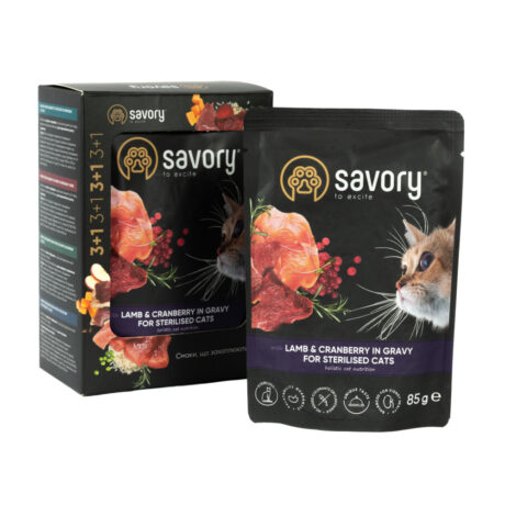 Набір вологих кормів Savory "3+1" для стерилізованих котів, ягня з журавлиною у соусі, паучі, 4 шт 85 г